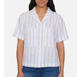 NWOT Buffalo David Women's XXL Striped Short Sleeve Linen Blend Button-Up Crop